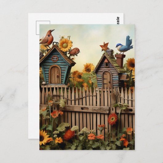 Zonnebloementuin 7 Vogelhuisjes Blauwe Vogels Briefkaart (Voorkant / Achterkant)