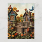 Zonnebloementuin 7 Vogelhuisjes Blauwe Vogels Briefkaart (Voorkant)