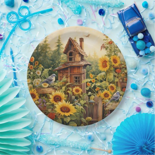 Zonnebloementuin 8 Vogelhuisjes Blauwe Vogels Papieren Bordje (Feest)