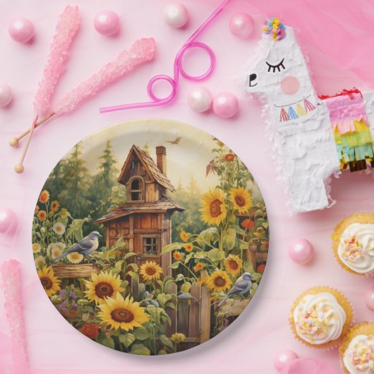 Zonnebloementuin 8 Vogelhuisjes Blauwe Vogels Papieren Bordje (Feest)