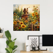 Zonnebloementuin 8 Vogelhuisjes Blauwe Vogels Poster (Thuiskantoor)