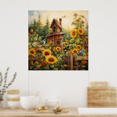 Zonnebloementuin 8 Vogelhuisjes Blauwe Vogels Poster (Keuken)
