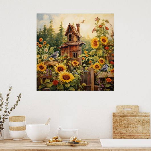 Zonnebloementuin 8 Vogelhuisjes Blauwe Vogels Poster (Keuken)