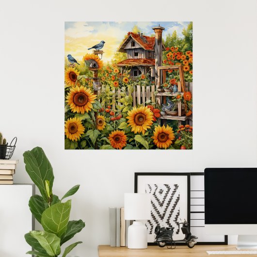Zonnebloementuin 9 Vogelhuisjes Blauwe Vogels Poster (Thuiskantoor)