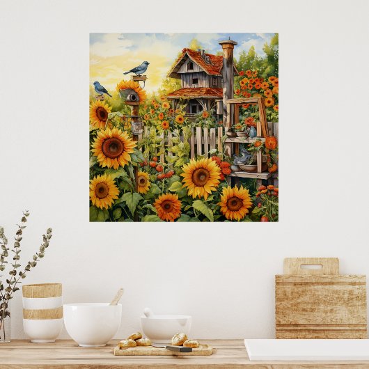 Zonnebloementuin 9 Vogelhuisjes Blauwe Vogels Poster (Keuken)