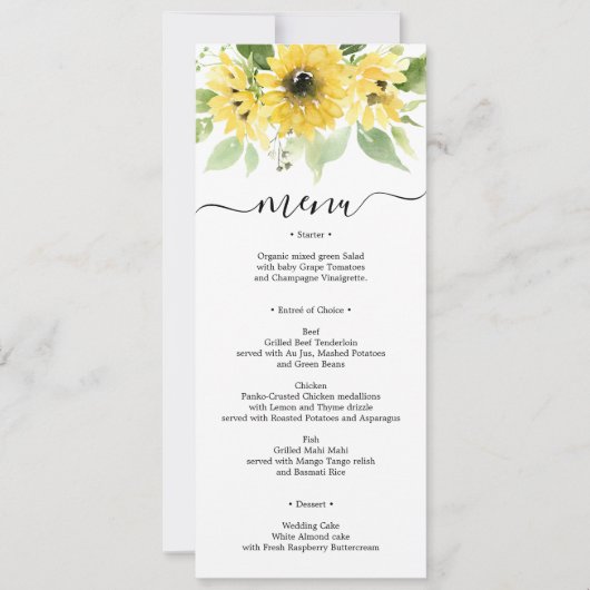 Zonnebloementuin Bruiloft Menu of Vrijgezellenfees Kaart (Voorkant)