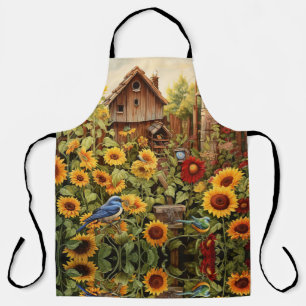 Zonnebloementuin met vogelhuisjes schort