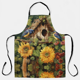 Zonnebloementuin met vogelhuisjes schort