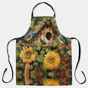 Zonnebloementuin met vogelhuisjes schort
