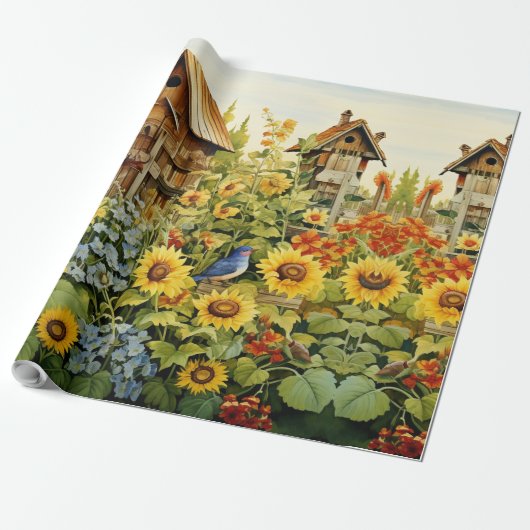 Zonnebloementuin Vogelhuisjes 1 Cadeaupapier (Uitgerold)