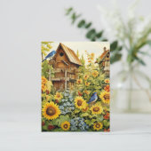 Zonnebloementuin Vogelhuisjes Blauwe Vogels Briefkaart (Staand voorkant)