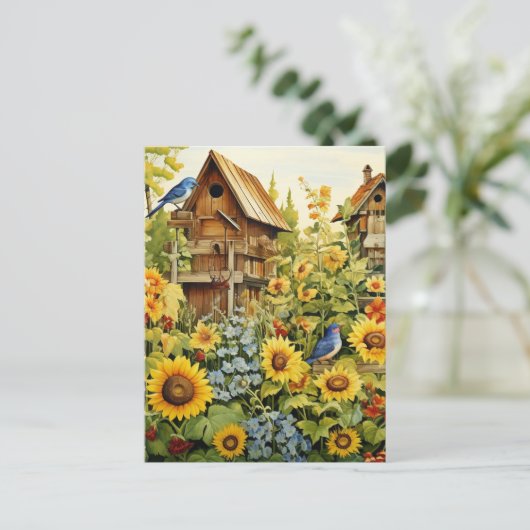 Zonnebloementuin Vogelhuisjes Blauwe Vogels Briefkaart (Staand voorkant)