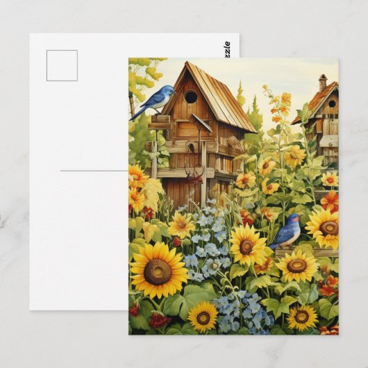 Zonnebloementuin Vogelhuisjes Blauwe Vogels Briefkaart (Voorkant / Achterkant)