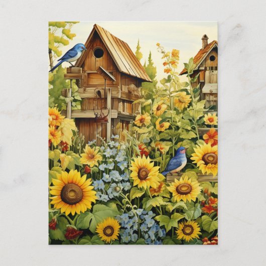 Zonnebloementuin Vogelhuisjes Blauwe Vogels Briefkaart (Voorkant)