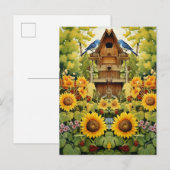 Zonnebloementuin Vogelhuisjes Blauwe Vogels Briefkaart (Voorkant / Achterkant)