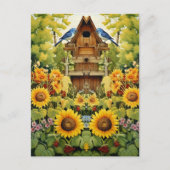 Zonnebloementuin Vogelhuisjes Blauwe Vogels Briefkaart (Voorkant)