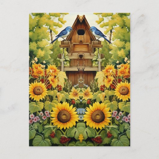 Zonnebloementuin Vogelhuisjes Blauwe Vogels Briefkaart (Voorkant)