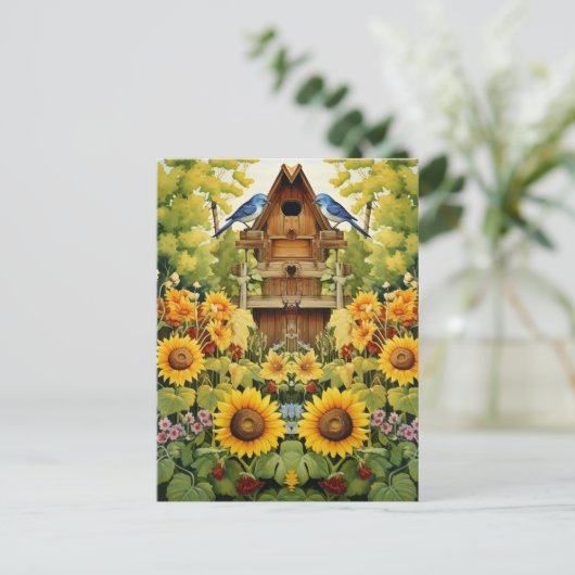Zonnebloementuin Vogelhuisjes Blauwe Vogels Briefkaart (Staand voorkant)
