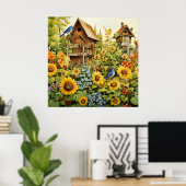 Zonnebloementuin Vogelhuisjes Blauwe Vogels Poster (Thuiskantoor)