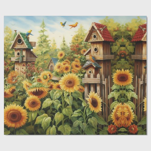Zonnebloementuin Vogelhuisjes Cadeaupapier (Vlak)