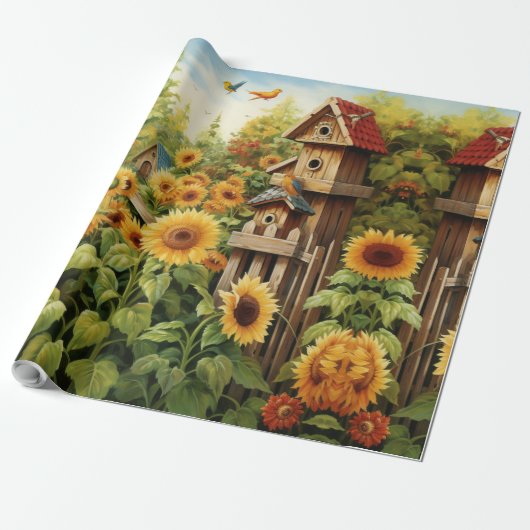 Zonnebloementuin Vogelhuisjes Cadeaupapier (Uitgerold)
