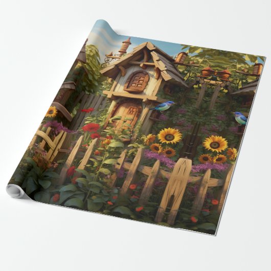 Zonnebloementuin Vogelhuisjes Cadeaupapier (Uitgerold)