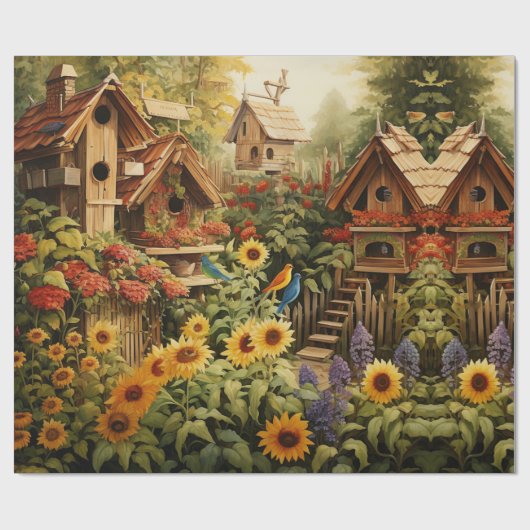 Zonnebloementuin Vogelhuisjes Cadeaupapier (Vlak)