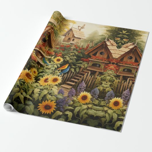 Zonnebloementuin Vogelhuisjes Cadeaupapier (Uitgerold)