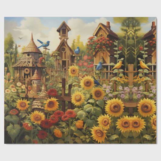 Zonnebloementuin Vogelhuisjes Cadeaupapier (Vlak)