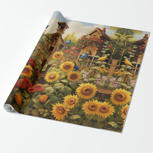 Zonnebloementuin Vogelhuisjes Cadeaupapier (Uitgerold)