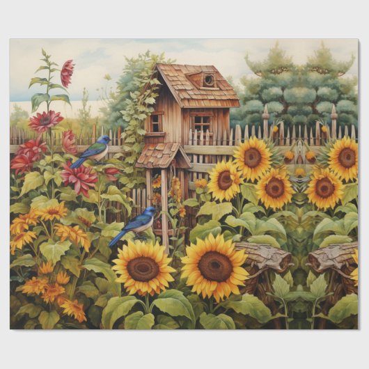 Zonnebloementuin Vogelhuisjes Cadeaupapier (Vlak)