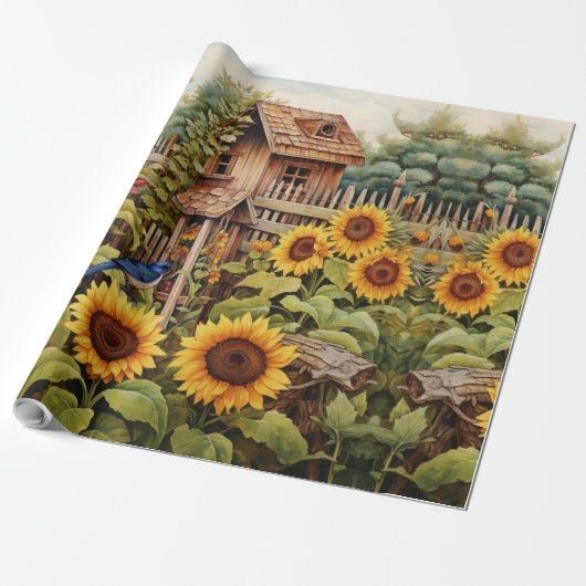 Zonnebloementuin Vogelhuisjes Cadeaupapier (Uitgerold)