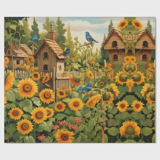 Zonnebloementuin Vogelhuisjes Cadeaupapier (Vlak)
