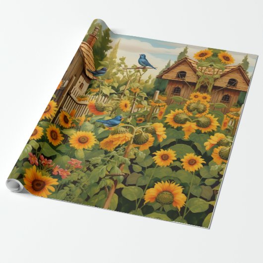 Zonnebloementuin Vogelhuisjes Cadeaupapier (Uitgerold)