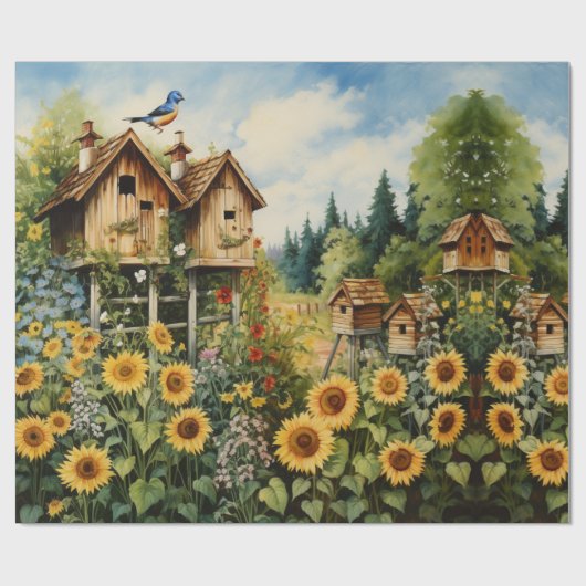 Zonnebloementuin Vogelhuisjes Cadeaupapier (Vlak)