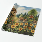 Zonnebloementuin Vogelhuisjes Cadeaupapier (Uitgerold)