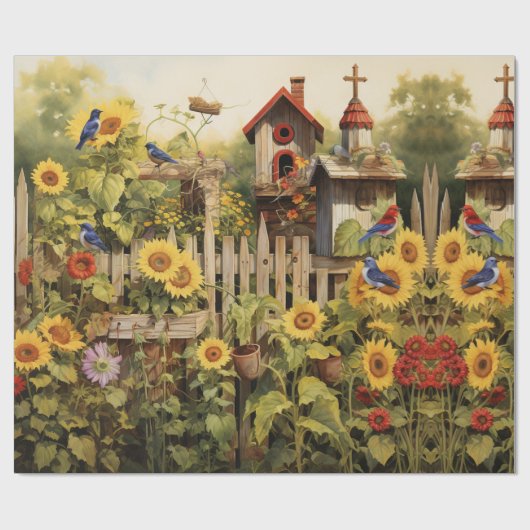 Zonnebloementuin Vogelhuisjes Cadeaupapier (Vlak)