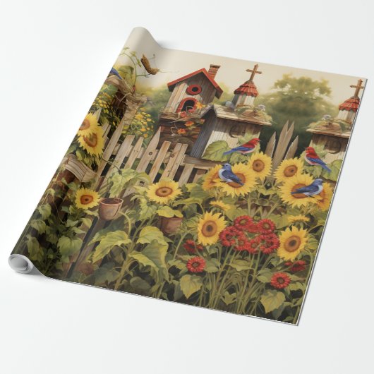 Zonnebloementuin Vogelhuisjes Cadeaupapier (Uitgerold)