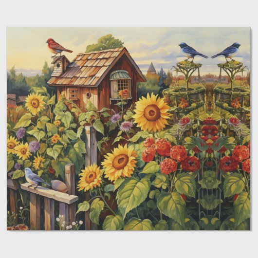 Zonnebloementuin Vogelhuisjes Cadeaupapier (Vlak)