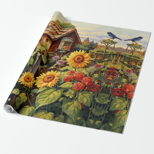 Zonnebloementuin Vogelhuisjes Cadeaupapier (Uitgerold)