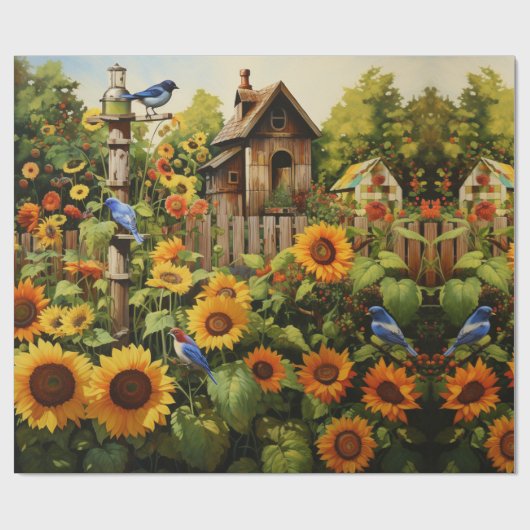 Zonnebloementuin Vogelhuisjes Cadeaupapier (Vlak)