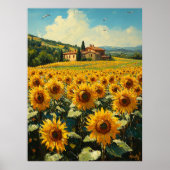 Zonnebloemenveld en Toscaanse cottage impressionis Poster (Voorkant)