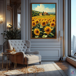 Zonnebloemenveld en Toscaanse cottage impressionis Poster
