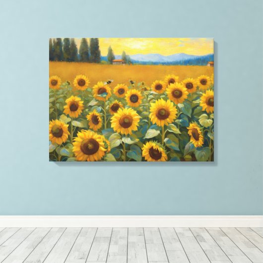 Zonnebloemenveld in het land schilderen canvas afdruk (Insitu (Houten vloer))