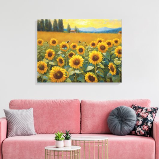 Zonnebloemenveld in het land schilderen canvas afdruk (Insitu (Woonkamer))