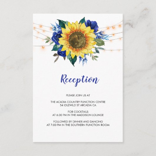 Zonnebloemenverlichting Blauw Bloemen Bruiloft Rec Informatiekaartje (Voorkant)