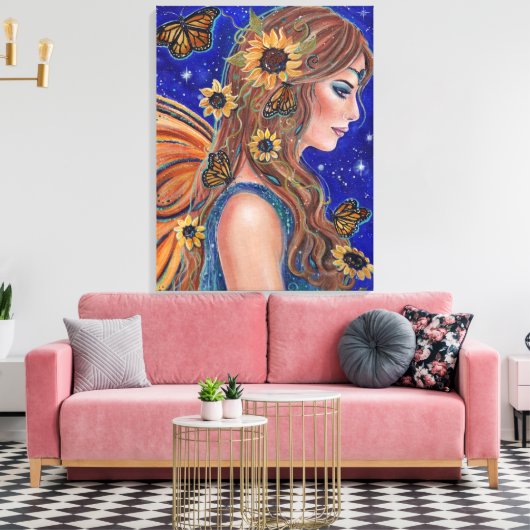 Zonnebloemfee met vlinderkunst van Renee Canvas Afdruk (Insitu (Woonkamer))
