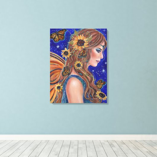 Zonnebloemfee met vlinderkunst van Renee Canvas Afdruk (Insitu (Houten vloer))