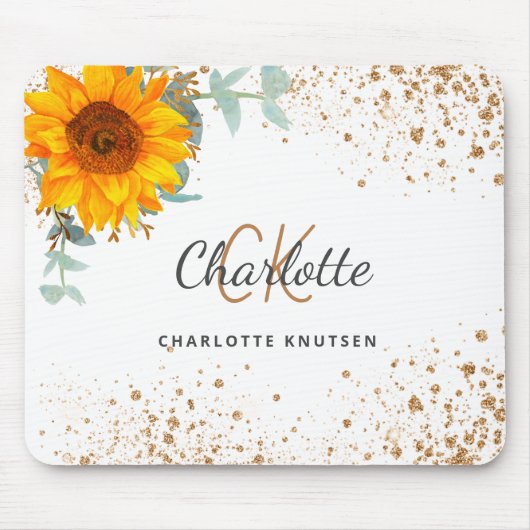 Zonnebloemfloraal goud glitter monogram naam muismat (Voorkant)