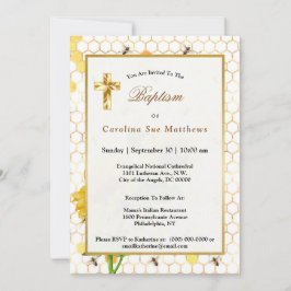 Zonnebloemgele honingraat bij Goud Baptisme Kaart